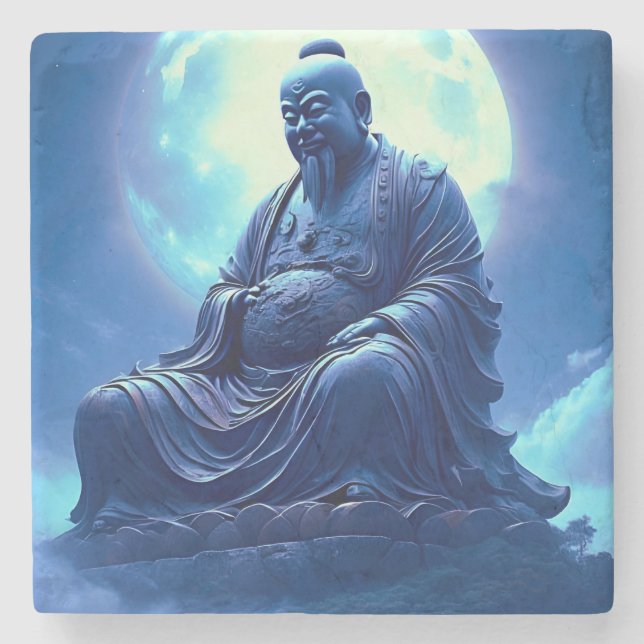 The Moon’s Blessing Over the Celestial Statue Stone Coaster (Front)
