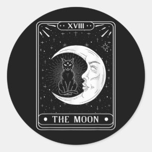 The Moon Tarot Card Crescent Moon And Cat Graphic  Classic Round Sticker