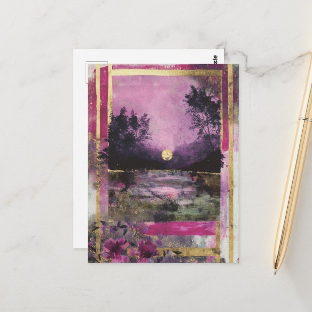 The Moonlit Pond Mixed Media Collage Postcard (Front/Back In Situ)