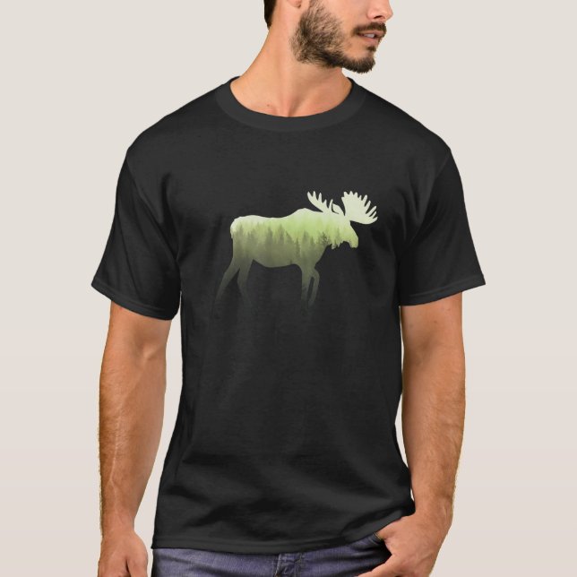 The Moose Double Exposure Misty Forest Pattern Des T-Shirt (Front)