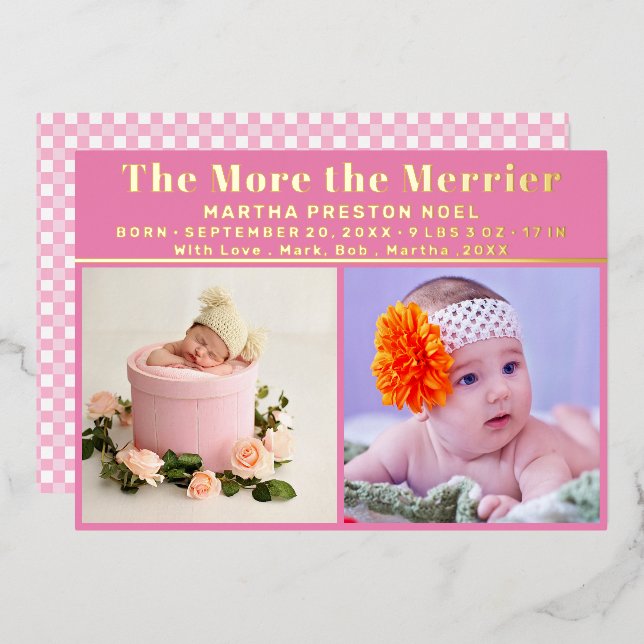 The More the Merrier 3 Photo New Baby Gold Foil Holiday Card (Front/Back)