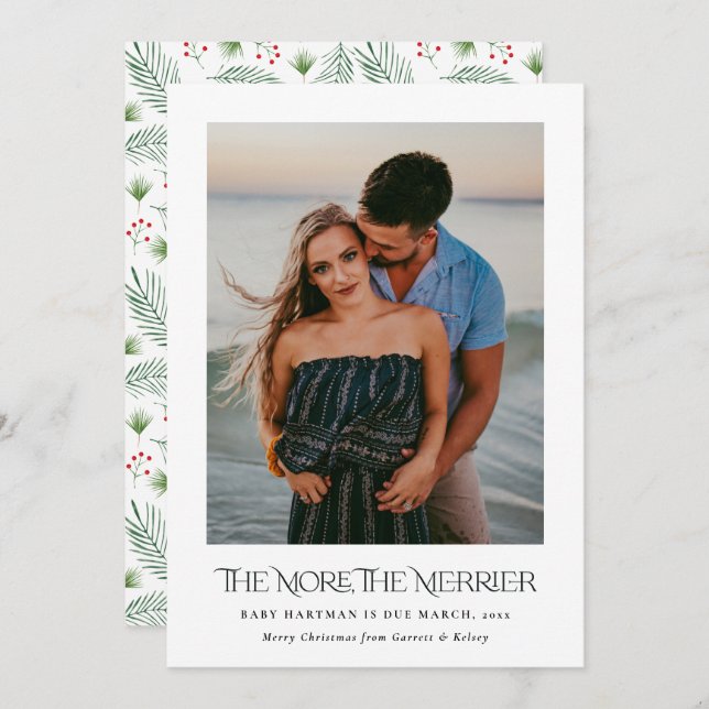 The More the Merrier Announce Pregnancy Photo   Holiday Card (Front/Back)