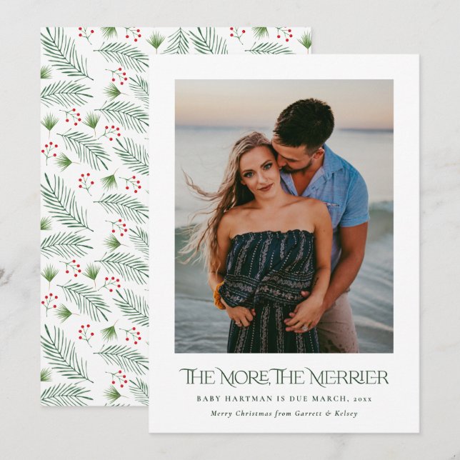 The More the Merrier Announce Pregnancy Photo  Holiday Card (Front/Back)