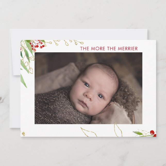 The More The Merrier | Baby Multi Photo Red Berry Holiday Card (Front)