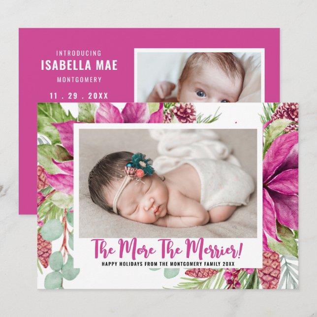 The More The Merrier Poinsettia Photo Holiday Baby Announcement (Front/Back)