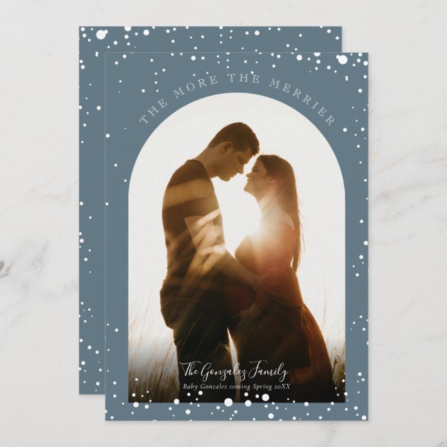 The More the Merrier Pregnancy Modern Snowy Photo  Holiday Card (Front/Back)