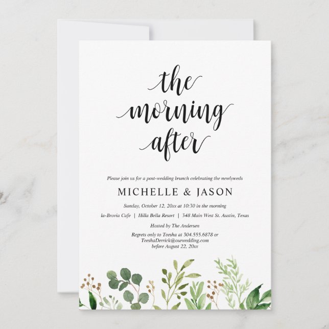 The Morning After, Greenery Post Wedding Brunch Invitation (Front)