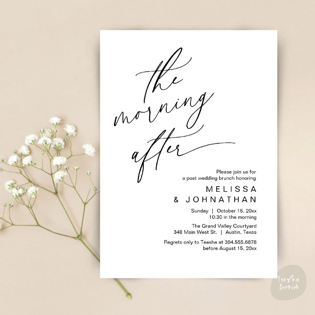 The Morning After, Happily Ever After Brunch Invitation (The Morning After Modern Romantic Post Wedding Elopement Brunch Invitation Card PDF in White Black)