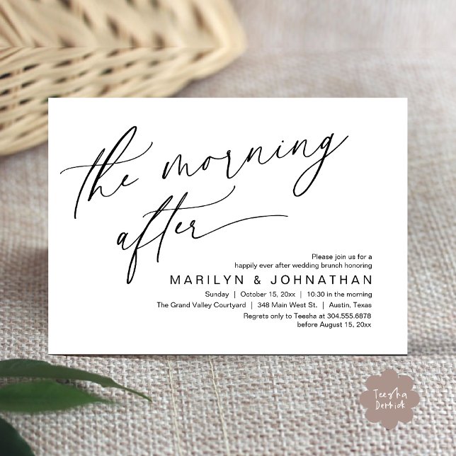 The Morning After, Happily Ever After Brunch Invitation (The Morning After Modern Romantic Post Wedding Elopement Brunch Invitation Card PDF in White Black)