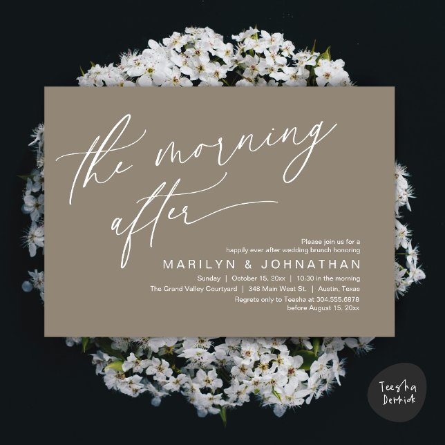 The Morning After, Happily Ever After Brunch Invitation (The Morning After Modern Romantic Post Wedding Elopement Brunch Invitation Card PDF in Taupe Brown)