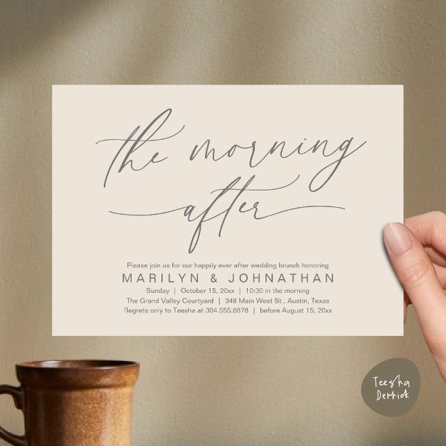 The Morning After Modern Wedding Elopement Brunch Invitation (The Morning After Modern Romantic Post Wedding Elopement Brunch Invitation Card PDF in Cream Grey)