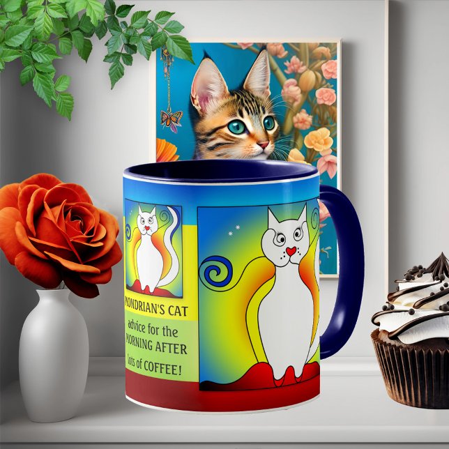The Morning After Mondrian Funny Cat Mug (A funny cat mug with a cute kitty inspired by the art of Dutch artist Piet Mondrian - Mondriaan)