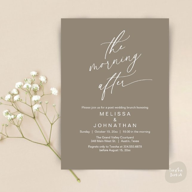 The Morning After, Romantic Post Wedding Brunch Invitation (The Morning After Modern Romantic Post Wedding Elopement Brunch Invitation Card PDF in Taupe Brown)