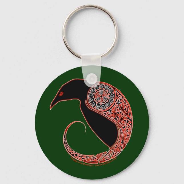 The Morrigan Celtic Raven Keychain, Green Key Ring (Front)