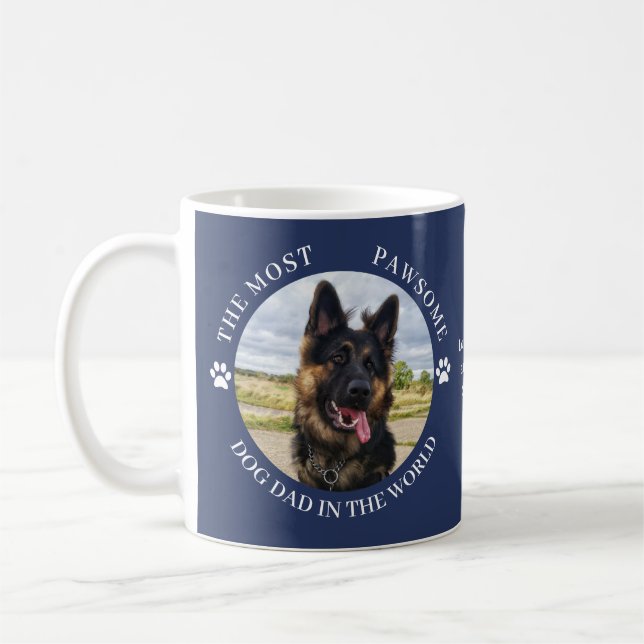 The Most Pawsome Dog Dad Photo Blue Coffee Mug (Left)