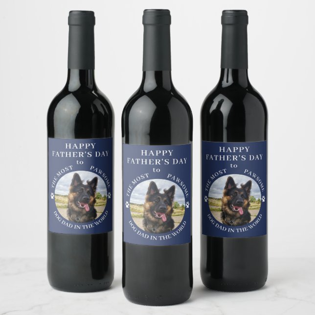 The Most Pawsome Dog Dad photo Blue Wine Label (Bottles)