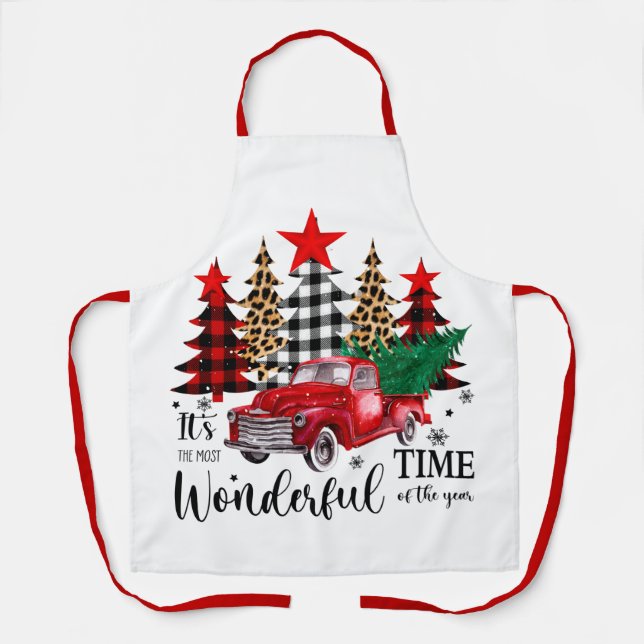 The Most Wonderful Time Apron Vintage Red Truck  (Front)