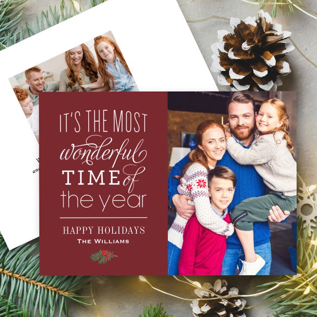The Most Wonderful Time Merlot Red Photo Holiday Card (Creator Uploaded)