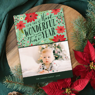 The Most Wonderful Time of Year Floral Photo Holiday Card