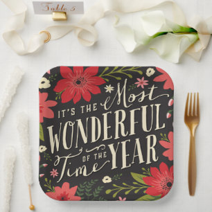The Most Wonderful Time of Year Holiday Floral Paper Plate