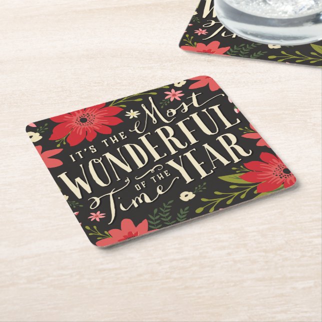 The Most Wonderful Time of Year Holiday Floral Square Paper Coaster (Angled)
