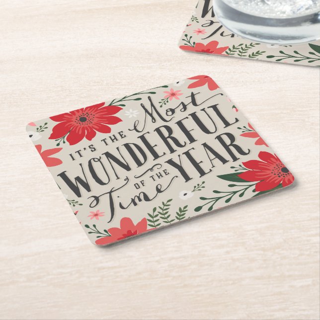 The Most Wonderful Time of Year Holiday Floral Square Paper Coaster (Angled)