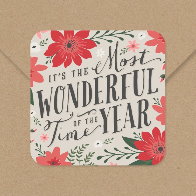 The Most Wonderful Time of Year Holiday Floral Square Sticker (Creator Uploaded)