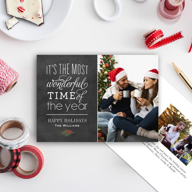 The Most Wonderful Time Rustic Chalkboard Photo Holiday Card (Creator Uploaded)
