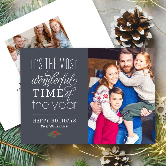 The Most Wonderful Time Slate Blue Photo Holiday Card (Creator Uploaded)