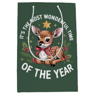 The Most Wonderful Time Vintage Deer Christmas  Medium Gift Bag