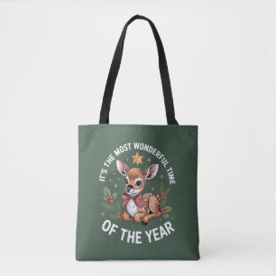 The Most Wonderful Time Vintage Deer Christmas  Tote Bag