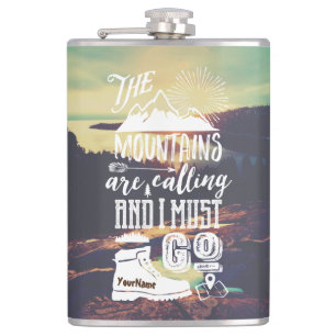 The Mountains are Calling Typography Your Photo Hip Flask