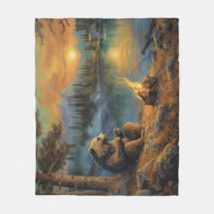 The Mountain's Hearthkeeper Grizzly Bear Campfire Fleece Blanket