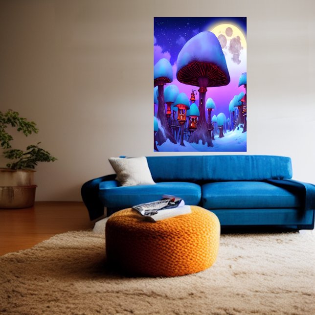 The mushroom forest, night, moon, snow  | AI Art  Poster (Creator Uploaded)