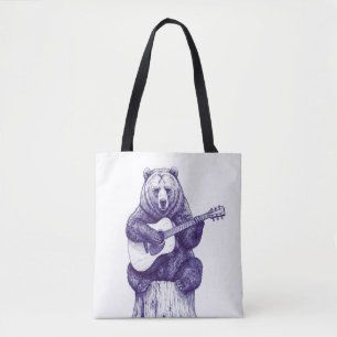 The Musical Bear on the Log: A Stippled Print Tote Bag