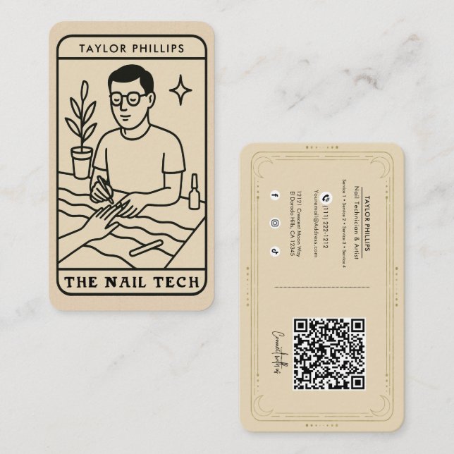 The Nail Tech Male Mystical Tarot Social Media QR Business Card (Front/Back)
