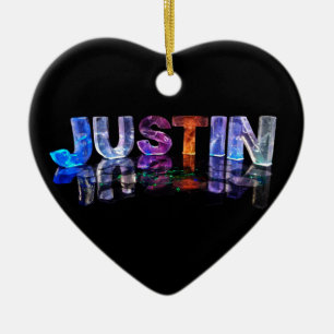 The Name Justin in 3D Lights (Photograph) Ceramic Tree Decoration