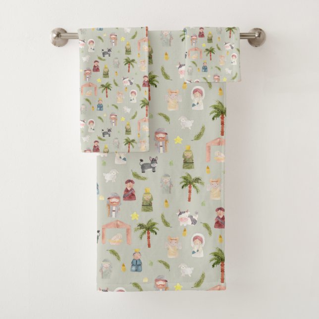 The Nativity Christmas holiday Sage Bath Towel Set (Insitu)