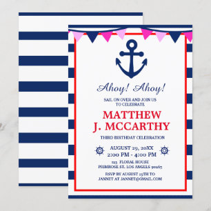 The Nautical Anchor Navy Stripe Baby Ship Birthday Invitation