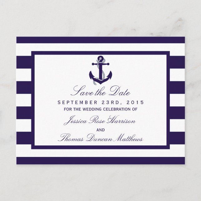 The Nautical Anchor Navy Stripe Wedding Collection Announcement Postcard (Front)