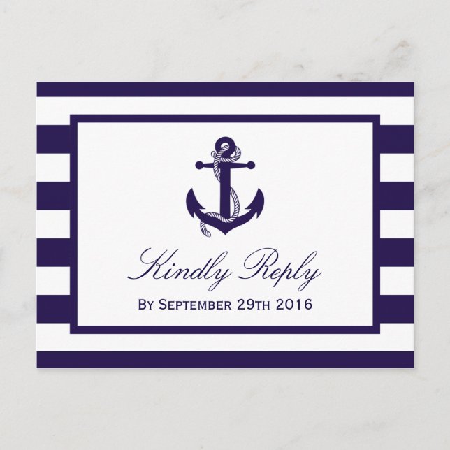 The Nautical Anchor Navy Stripe Wedding Collection Invitation Postcard (Front)