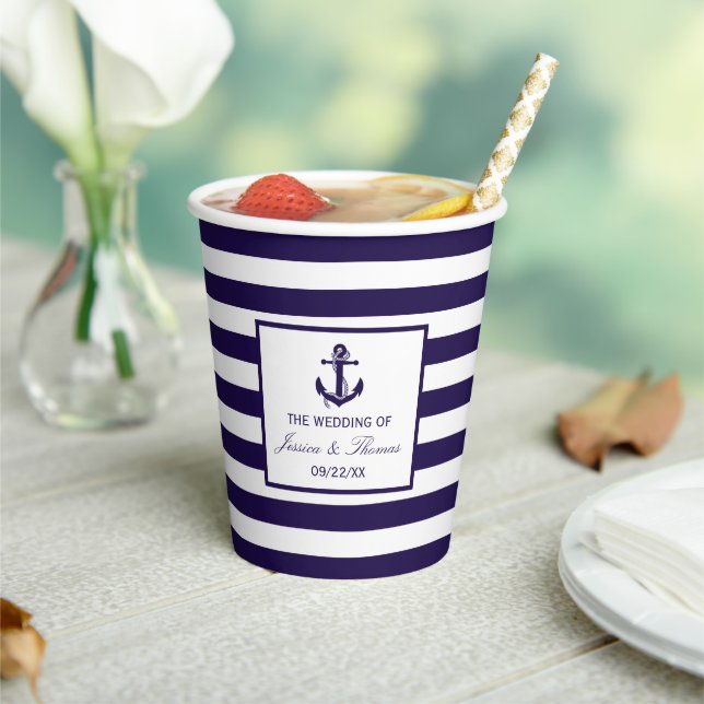 The Nautical Anchor Navy Stripe Wedding Collection Paper Cups (Insitu)