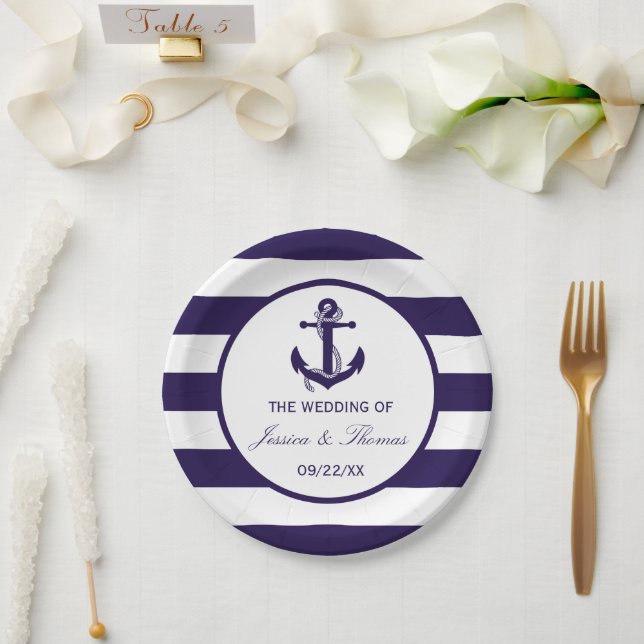 The Nautical Anchor Navy Stripe Wedding Collection Paper Plate (Wedding)