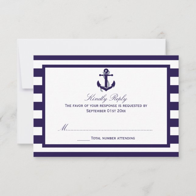 The Nautical Anchor Navy Stripe Wedding Collection RSVP Card (Front)