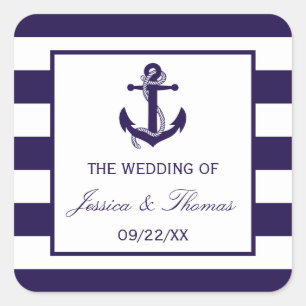 The Nautical Anchor Navy Stripe Wedding Collection Square Sticker