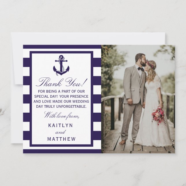 The Nautical Anchor Navy Stripe Wedding Collection Thank You Card (Front)