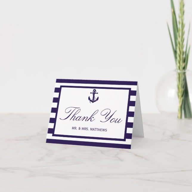 The Nautical Anchor Navy Stripe Wedding Collection Thank You Card (Front)
