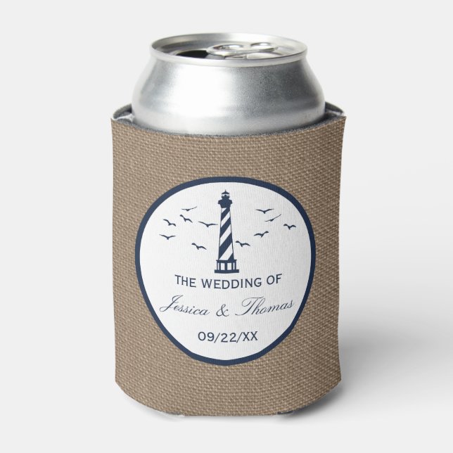 The Nautical Lighthouse Burlap Wedding Collection Can Cooler (Can Front)