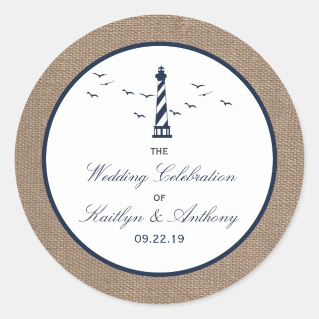 The Nautical Lighthouse Burlap Wedding Collection Classic Round Sticker (Front)