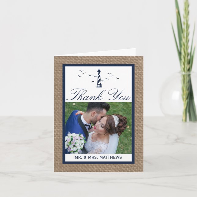 The Nautical Lighthouse Burlap Wedding Collection Thank You Card (Front)